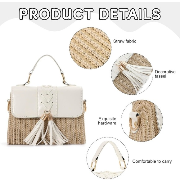 Chic White and Tan Straw Shoulder Bags Crossbody Clutch Bag Tassel Handbag - Picture 6 of 7